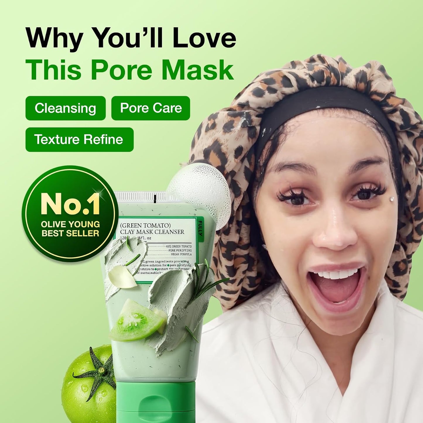 FULLY Green Tomato Pore Clay Mask Cleanser for Deep Cleansing, Clay Pack Cleanser for Deep Pore Cleansing, Blackhead & Sebum Control, Gentle Korean Face Wash for Oily & Combination Skin