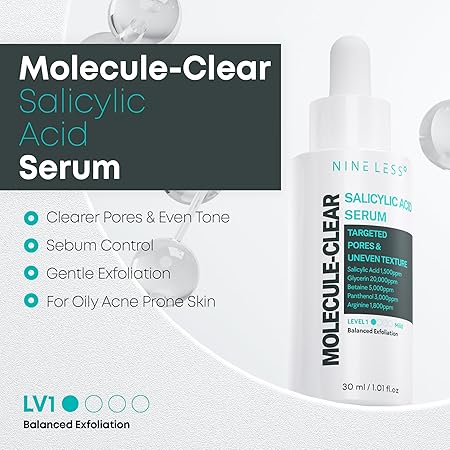 NINELESS Molecule-Clear Salicylic Acid Serum - Korean Skincare BHA Deep Pore Exfoliating for Oily Acne Prone Skin - Panthenol, Sodium Hyaluronate - Hydrating, Soothing, Sebum Control