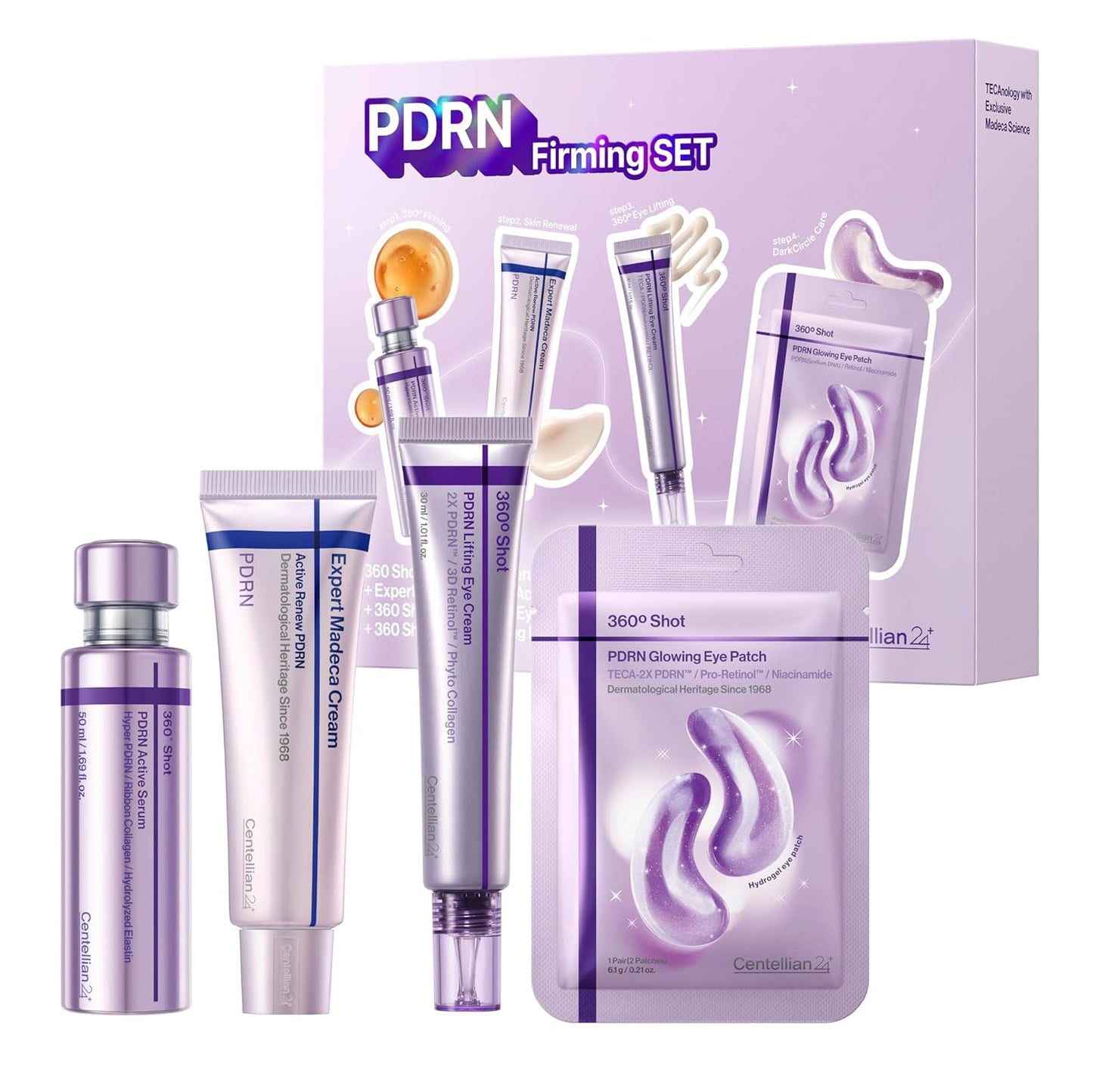 CENTELLIAN 24 PDRN Firming Set - Serum, Face Cream & Eye Care, 4 Pieces, Korean Skincare Routine with TECA for Hydration, Elasticity and Wrinkle Support; Ampoule, Moisturizer and Hydrogel Patches