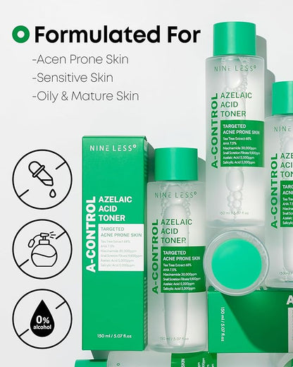 Nineless A-Control Azelaic Acid Toner with AHA & BHA - Pore Refining & Soothing Facial Toner for Acne-Prone Skin - Redness Relief & Dark Spot Corrector