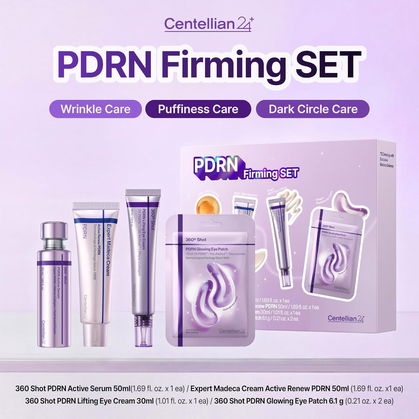 CENTELLIAN 24 PDRN Firming Set - Serum, Face Cream & Eye Care, 4 Pieces, Korean Skincare Routine with TECA for Hydration, Elasticity and Wrinkle Support; Ampoule, Moisturizer and Hydrogel Patches