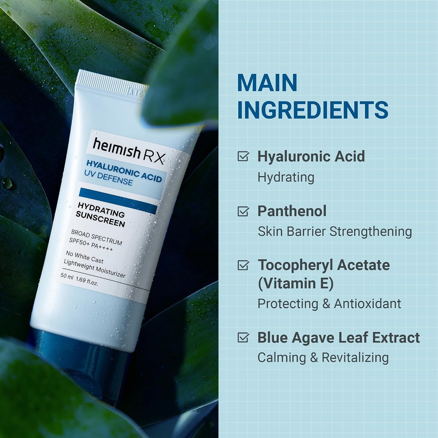 HEIMISH RX Hyaluronic Acid Hydrating Sunscreen No White Cast, Lightweight, Fast-absorbing Daily Relief Facial Sunscreen, Moisturizing Broad Spectrum SPF 50, Korean Skincare