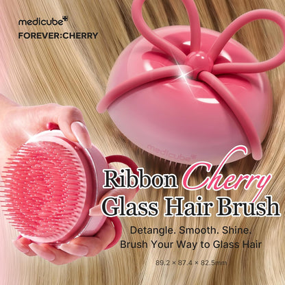 medicube Ribbon Cherry Hair Brush, Detangler for Glass Hair, Pink