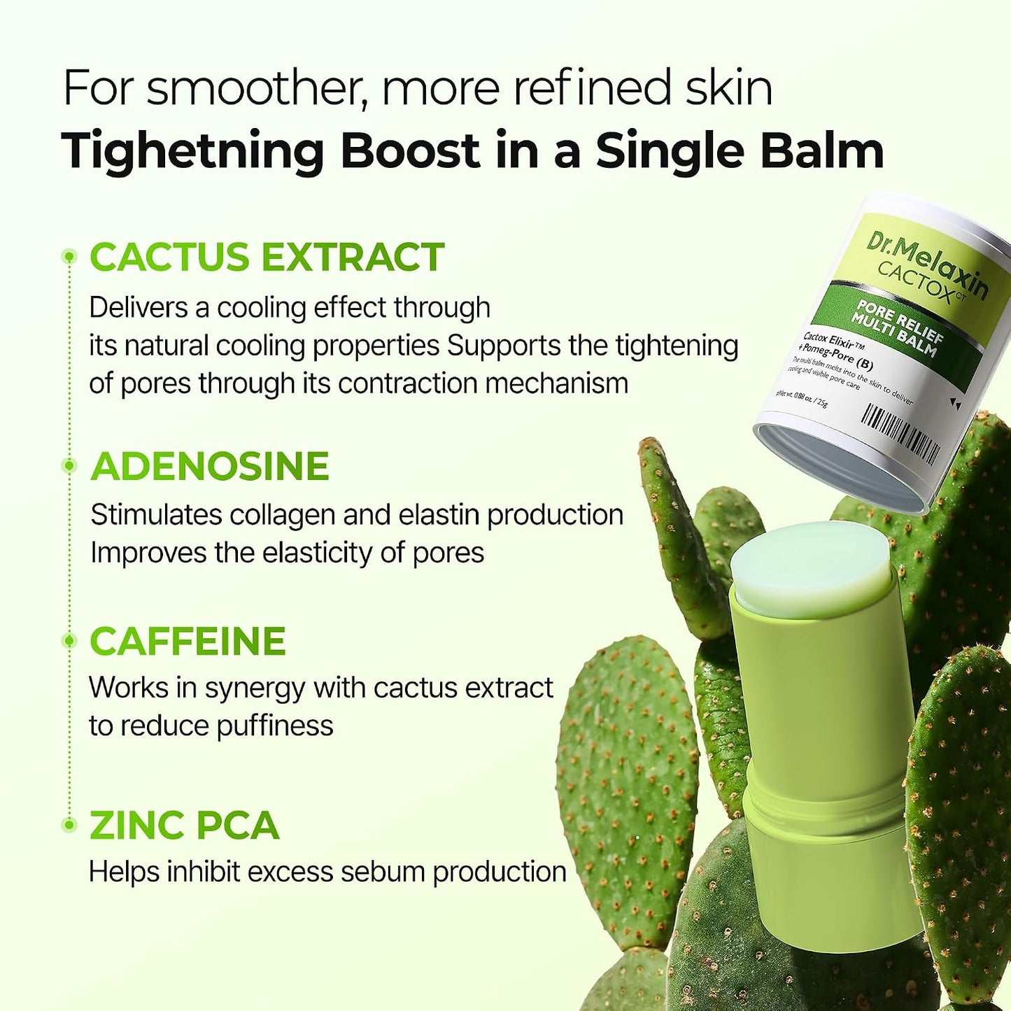 Dr.Melaxin Cactox Pore Relief Multi Balm Stick – Zinc PCA & ADENOSINE Cooling & De-Puffing Face Balm for Enlarged Pores & Puffy Skin, Pore Minimizing with Cactus Extract, Korean Skincare