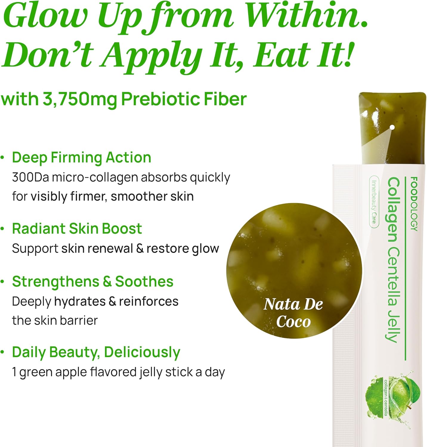 FOODOLOGY Coleology Centella Jelly Collagen Petide, Gree Apple, 1 Stick, PDRN, Biotin & Hyaluronic Acid, Vitamin for Skin Glow, Hair & Nail Support, Korean Jelly Collagen Stick