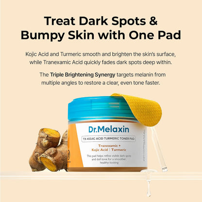 Dr.Melaxin TX Kojic Acid Turmeric Toner Pads with Tranexamic Acid, Brightening Toner Pad for Pigmentation & Dark Spot Care, Gentle Keratin Care for Radiant Skin, Korean Skincare,