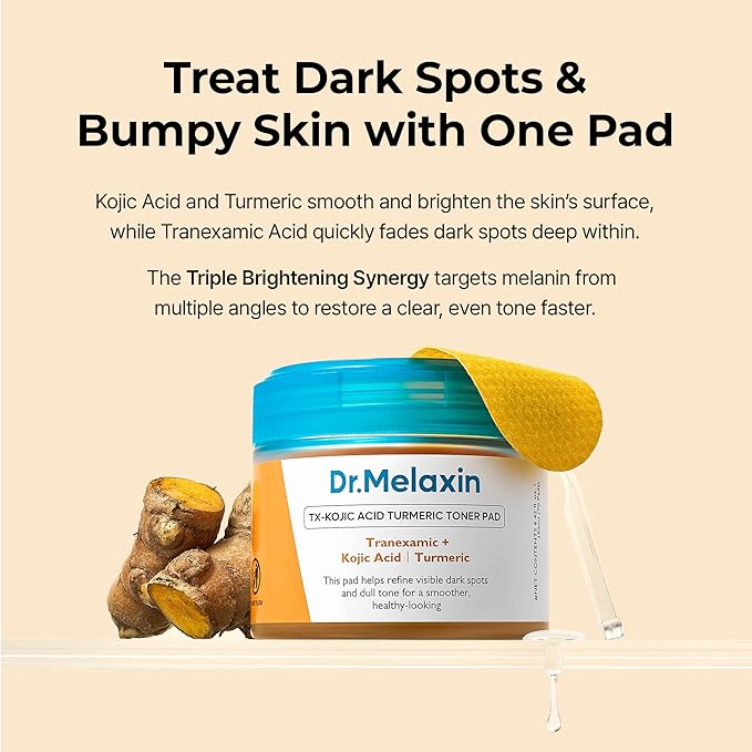 Dr.Melaxin TX Kojic Acid Turmeric Toner Pads with Tranexamic Acid, Brightening Toner Pad for Pigmentation & Dark Spot Care, Gentle Keratin Care for Radiant Skin, Korean Skincare, 70 Sheets