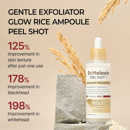 Dr.Melaxin Peel Shot Glow White Rice Peeling Ampoule with Rice Extract & AHA BHA, Brightening & Gentle Exfoliating Serum for Sebum Control, Niacinamide & Hyaluronic Acid, Korean Skincare
