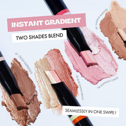 ELROEL Blanc Double Shadow Stick - 48HR Long Lasting Dual-Tone Eye Shadow Pencil - Combines Glitter w/Soft Matte or Shimmer, Waterproof & Smudge-Proof Eyeshadow Makeup (#10 Blue Lemon-Peach)
