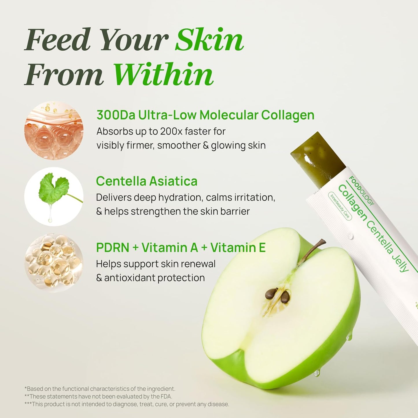 FOODOLOGY Coleology Centella Jelly Collagen Petide, Gree Apple, 1 Stick, PDRN, Biotin & Hyaluronic Acid, Vitamin for Skin Glow, Hair & Nail Support, Korean Jelly Collagen Stick