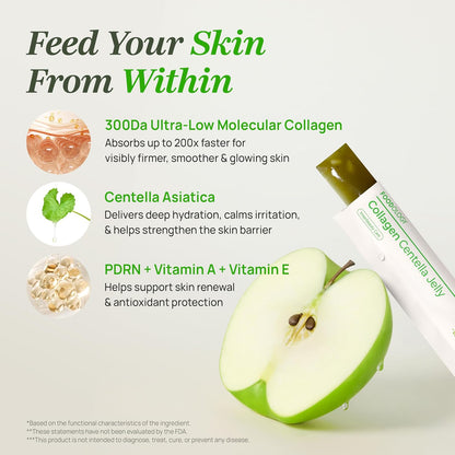 FOODOLOGY Coleology Centella Jelly Collagen Petide, Gree Apple, 1 Stick, PDRN, Biotin & Hyaluronic Acid, Vitamin for Skin Glow, Hair & Nail Support, Korean Jelly Collagen Stick