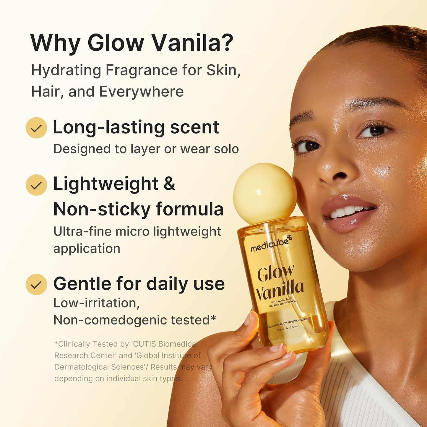 Medicube Glow Vanilla Hair & Body Fragrance Mist, Sweet Creamy Vanilla Musk Perfume Mist with Niacinamide and Hyaluronic Acids - Freshness, Odor Care & Glow, Korean Body Care