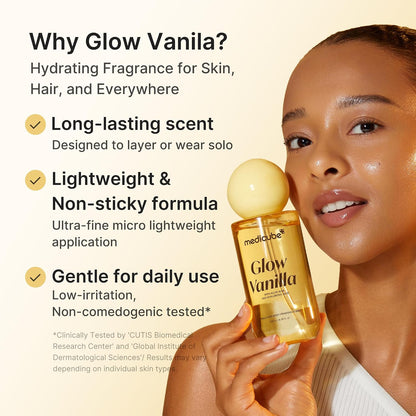 Medicube Glow Vanilla Hair & Body Fragrance Mist, Sweet Creamy Vanilla Musk Perfume Mist with Niacinamide and Hyaluronic Acids - Freshness, Odor Care & Glow, Korean Body Care