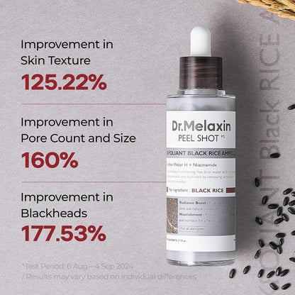 Dr.Melaxin Peel Shot Exfoliating Black Rice Ampoule - Rice Water AHA BHA Niacinamide Serum for Dead Skin Cells, Blackheads and Pores, Glass Skin Glow, Korean Skin Care Exfoliant