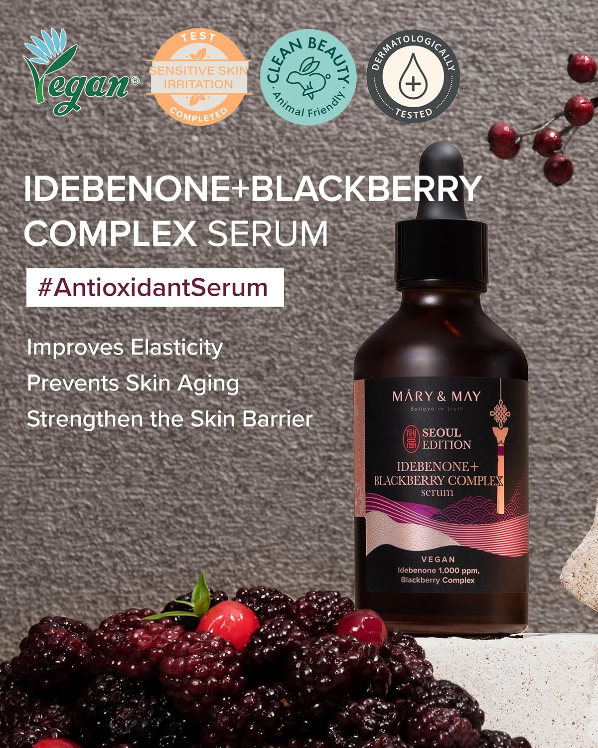 Mary&May SEOUL EDITION Idebenone Blackberry Complex Serum - Korean Anti Aging Face Serum for Skin Elasticity, Nourishing and Radiance - Fragrance-Free, Vegan, and Cruelty-Free