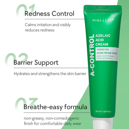 NINELESS A-Control Azelaic Acid Cream – Korean Blemish Clear Moisturizer for Face - Acne-Fighting & Hydrating for Clearer Skin