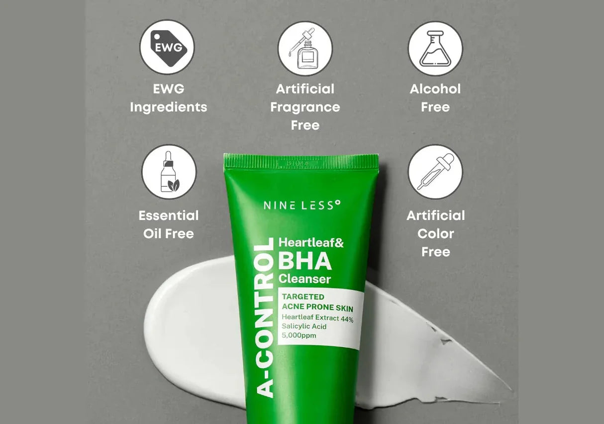 NINELESS A-Control Heartleaf & BHA Cleanser – Korean Exfoliating Face Wash with Salicylic Acid for Clear Skin – Blackhead Remover, Deep Pore Cleansing