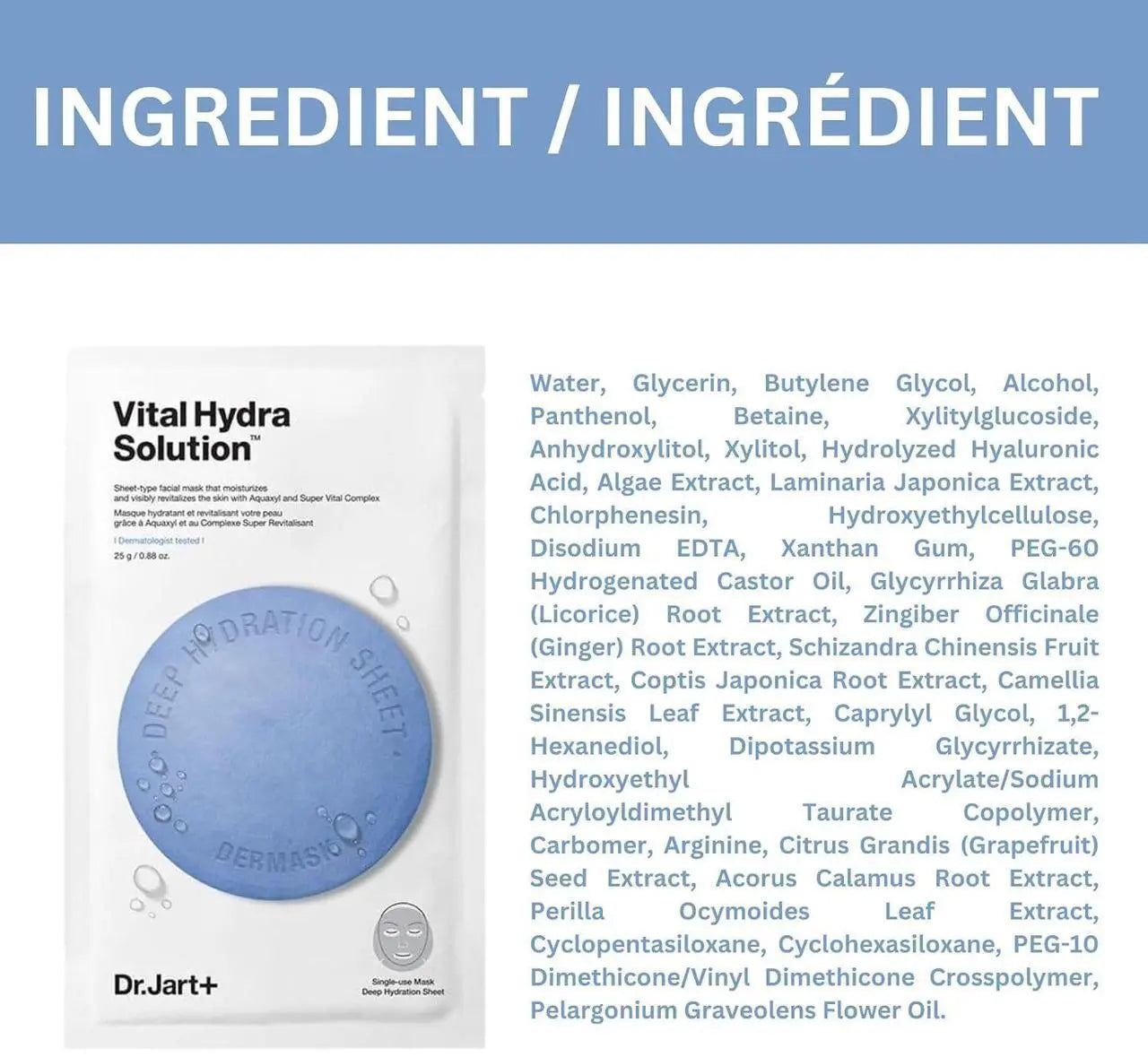 Dr.Jart+ Dermask Vital Hydra Solution Glow Korean Face Mask with Hyaluronic Acid for Glass Skin, Sheet Mask, Korean Skin Care