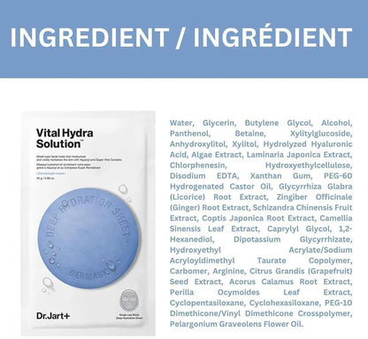 Dr.Jart+ Dermask Vital Hydra Solution Glow Korean Face Mask with Hyaluronic Acid for Glass Skin, Sheet Mask, Korean Skin Care