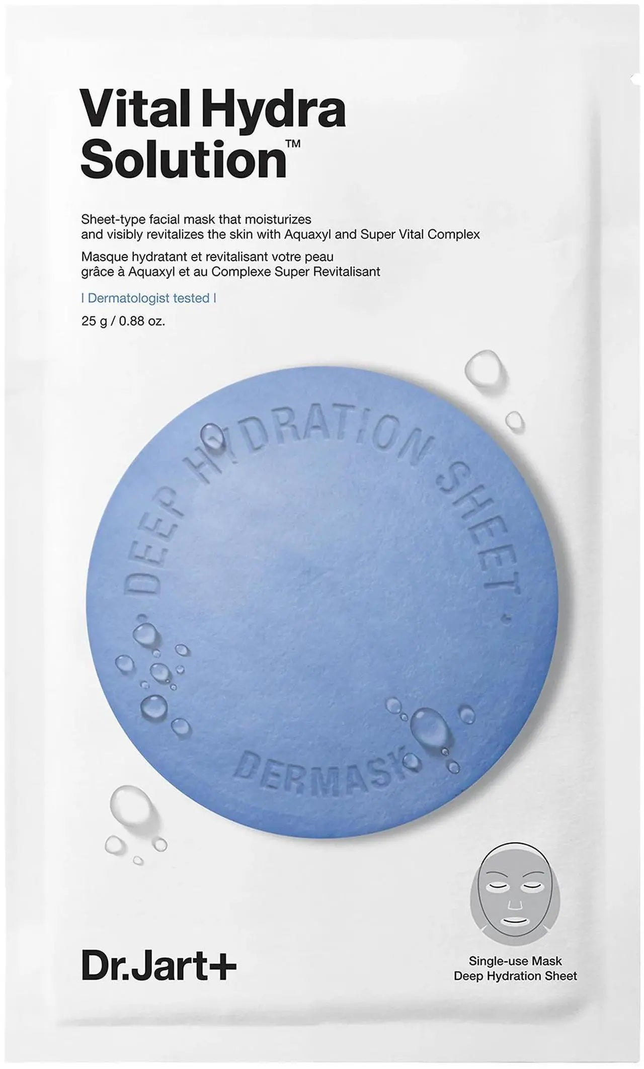 Dr.Jart+ Dermask Vital Hydra Solution Glow Korean Face Mask with Hyaluronic Acid for Glass Skin, Sheet Mask, Korean Skin Care