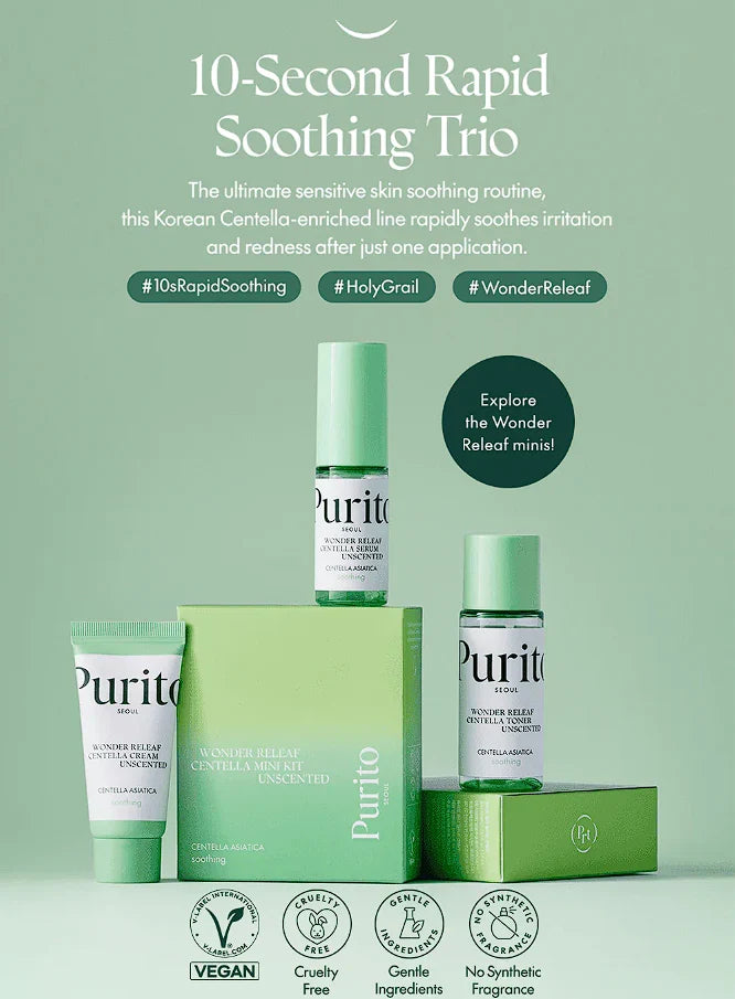 PURITO SEOUL - Wonder Releaf Centella Mini Kit Unscented-Wonder Releaf Centella Toner Unscented 30ml Wonder Releaf Centella Serum Unscented 15ml Wonder Releaf Centella Cream Unscented 15ml