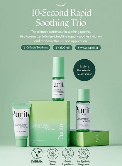 PURITO SEOUL - Wonder Releaf Centella Mini Kit Unscented-Wonder Releaf Centella Toner Unscented 30ml Wonder Releaf Centella Serum Unscented 15ml Wonder Releaf Centella Cream Unscented 15ml