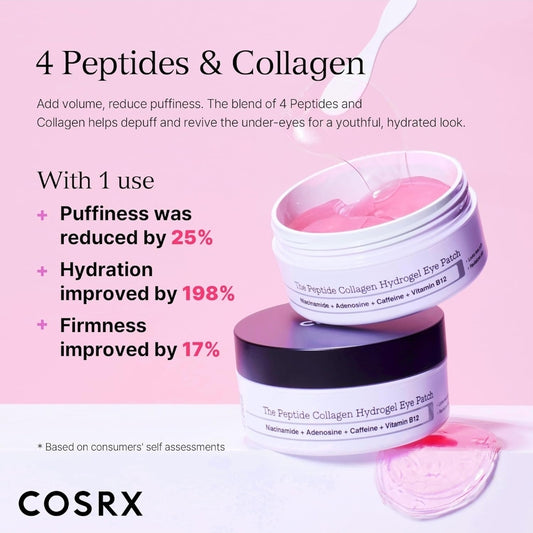 COSRX Peptide Collagen Hydrogel Eye Patch - Puffy Eyes and Dark Circles, Under Eye Mask - 4 powerful peptides and collagen, work to reduce puffiness, hydrate & revitalize - 30 Pairs