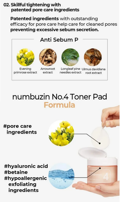 Numbuzin - No. 4 Pore Zero Peeled Egg Toner Pad