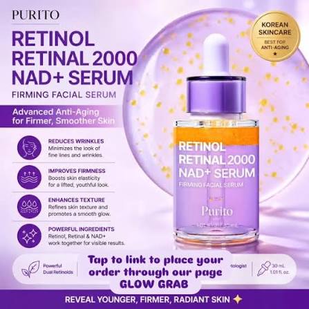 PURITO Retinol 0.1% + Retinal 0.1% Anti-Aging Facial Serum | for Wrinkles, Fine Lines & Firmer Skin | Dual Retinoids with NAD+, Improve Elasticity & Skin Texture