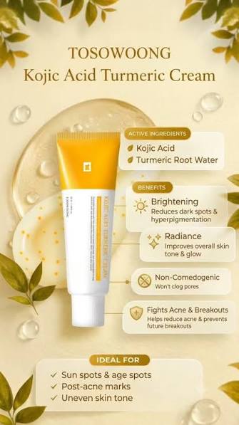 TOSOWOONG Kojic Acid Turmeric Cream for Dark Spots & Hyperpigmentation | 99% Purity Kojic Acid 7,000ppm + 660,941ppm Turmeric, Capsule for Dark Spots & Even Tone, Korean Skincare, 50ml/1.69 fl oz