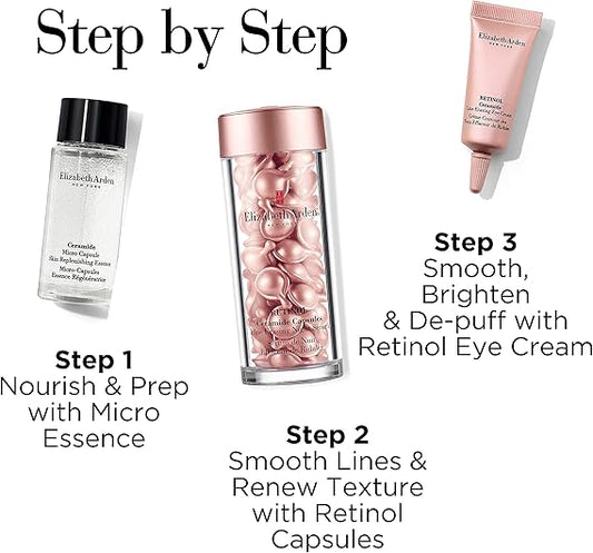 Elizabeth Arden Nightly Performance - Cápsulas de ceramida y retinol (60 unidades) - Set de 3 productos para el cuidado de la piel