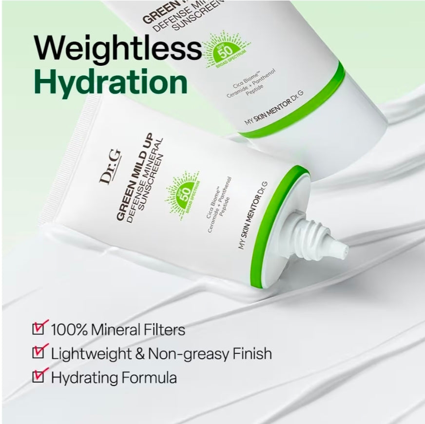 Dr. G Green Mild Up Defense Mineral Sunscreen - SPF 50 Broad Spectrum Korean Sunscreen - Lightweight & Reef-Safe Mineral Formula - For Sensitive Skin - Non-Greasy - With Centella Asiatica