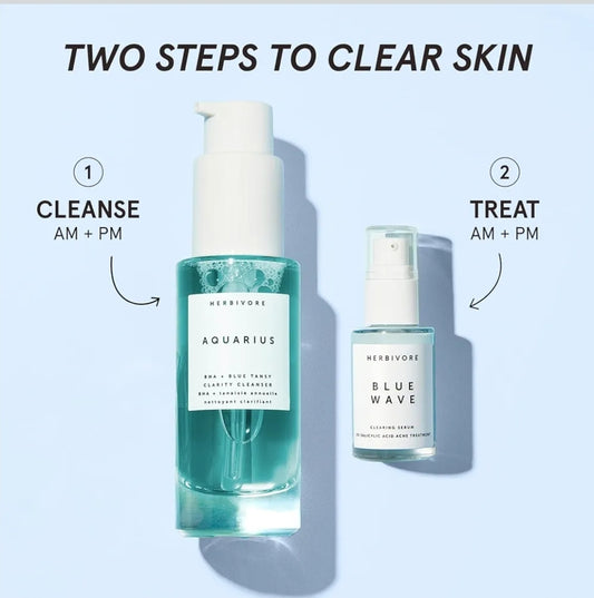 HERBIVORE Blue Besties Duo – 2 Step Treatment for Acne-Prone Skin - Aquarius Cleanser (50 mL) & Blue Wave Serum (10 mL), Plant-Based, Vegan, Cruelty-Free