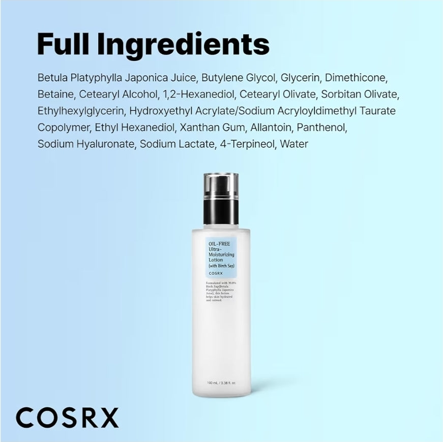 COSRX Oil Free Ultra- Moisturizing Lotion with Birch Sap - Daily Acne Facial Moisturizer, Hydrating Moisturizer for All Skin Types, Paraben free