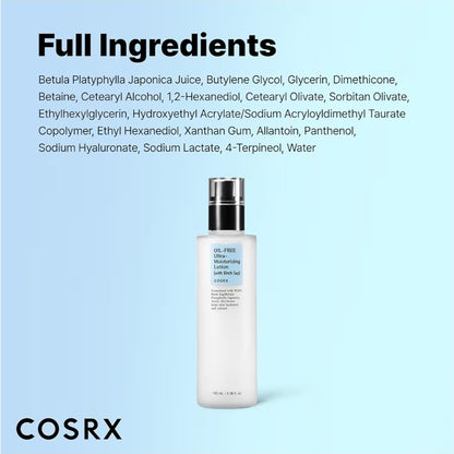 COSRX Oil Free Ultra- Moisturizing Lotion with Birch Sap - Daily Acne Facial Moisturizer, Hydrating Moisturizer for All Skin Types, Paraben free