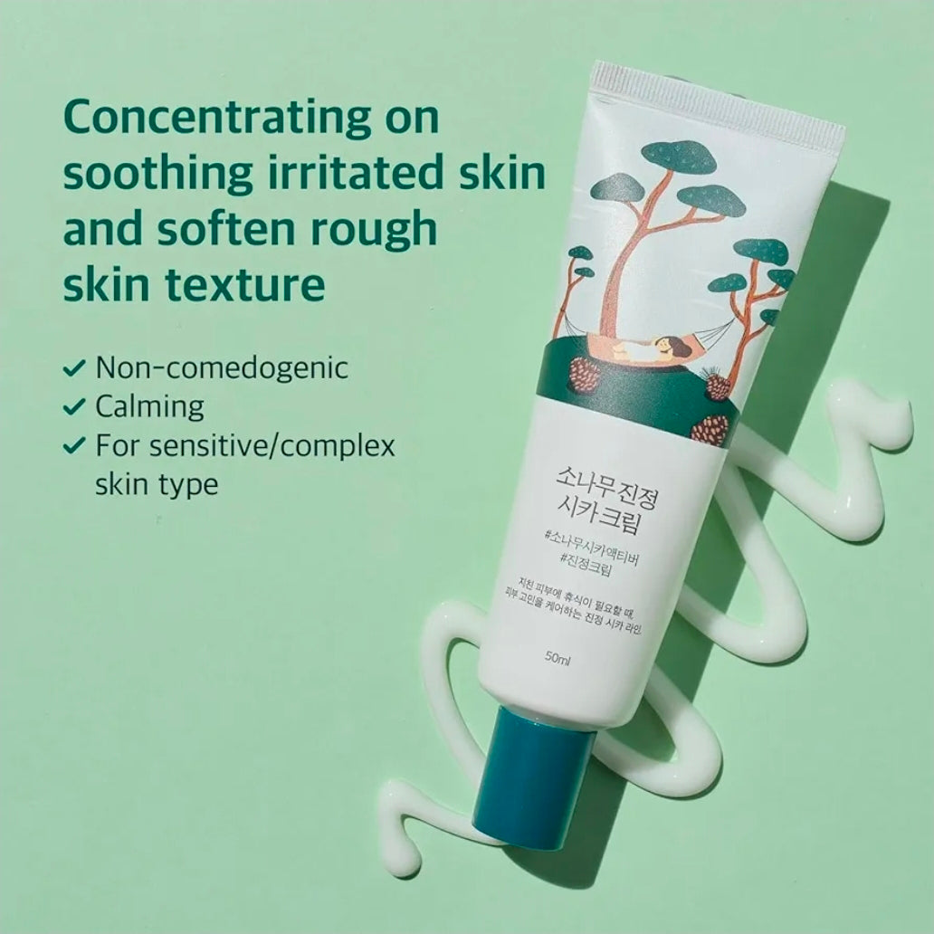 Crema calmante de pino ROUND LAB: humectante calmante de baja acidez con cica de pino, BHA + LHA y ácido hialurónico para fortalecer la barrera cutánea y controlar el sebo.
