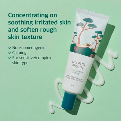 Crema calmante de pino ROUND LAB: humectante calmante de baja acidez con cica de pino, BHA + LHA y ácido hialurónico para fortalecer la barrera cutánea y controlar el sebo.