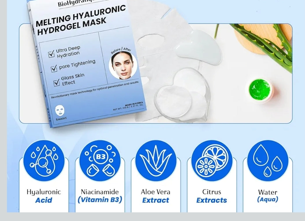 BioHydratique - Hyaluronic Acid Melting Hydrogel Mask - Dermatologist Tested, Ultra Hydrating, Cooling & Soothing, Glass Dewy Skin Effect, Clean Beauty, Anti-Aging - 1 Mask
