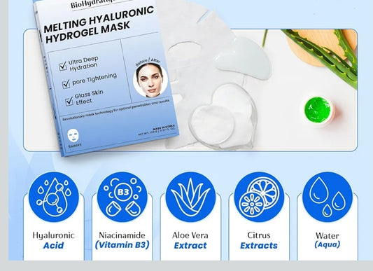 BioHydratique - Hyaluronic Acid Melting Hydrogel Mask - Dermatologist Tested, Ultra Hydrating, Cooling & Soothing, Glass Dewy Skin Effect, Clean Beauty, Anti-Aging - 1 Mask