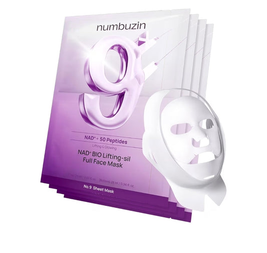 Mascarilla facial reafirmante Numbuzin No.9+ NAD+ BIO - Mascarilla reafirmante de dos piezas con péptidos y colágeno para una piel suave y definida, 4 láminas + banda reafirmante