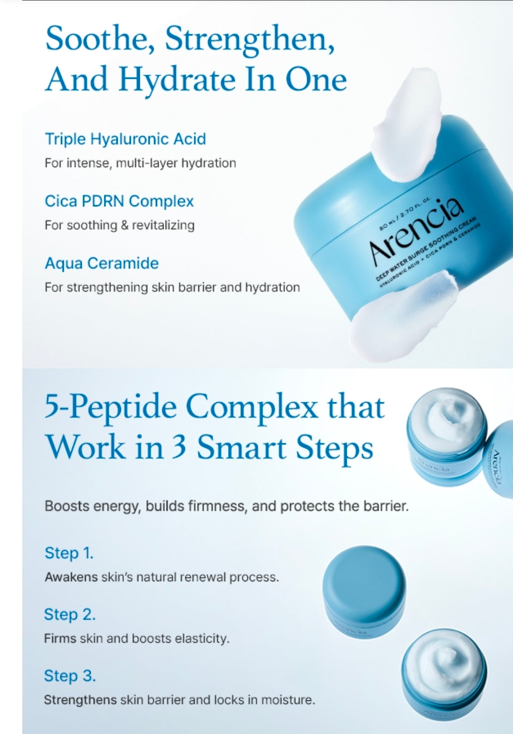 Arencia Deep Water Surge Soothing Cream with Hyaluronic Acid, Cica PDRN and Ceramide