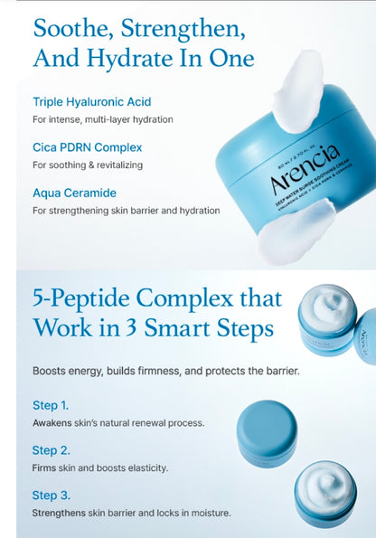 Arencia Deep Water Surge Soothing Cream with Hyaluronic Acid, Cica PDRN and Ceramide