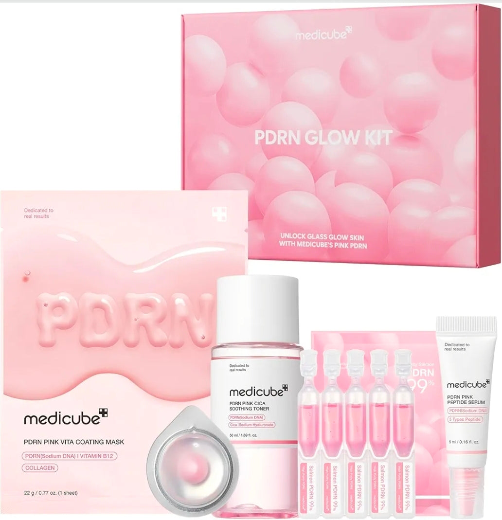 Kit de prueba Salmon DNA PDRN de medicube - Mini set de cuidado de la piel Glass Glow con tónico, suero y mascarilla hidratante, reafirmante y humectante.