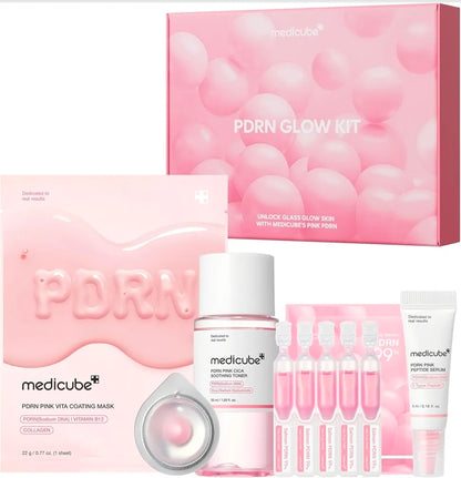 Kit de prueba Salmon DNA PDRN de medicube - Mini set de cuidado de la piel Glass Glow con tónico, suero y mascarilla hidratante, reafirmante y humectante.