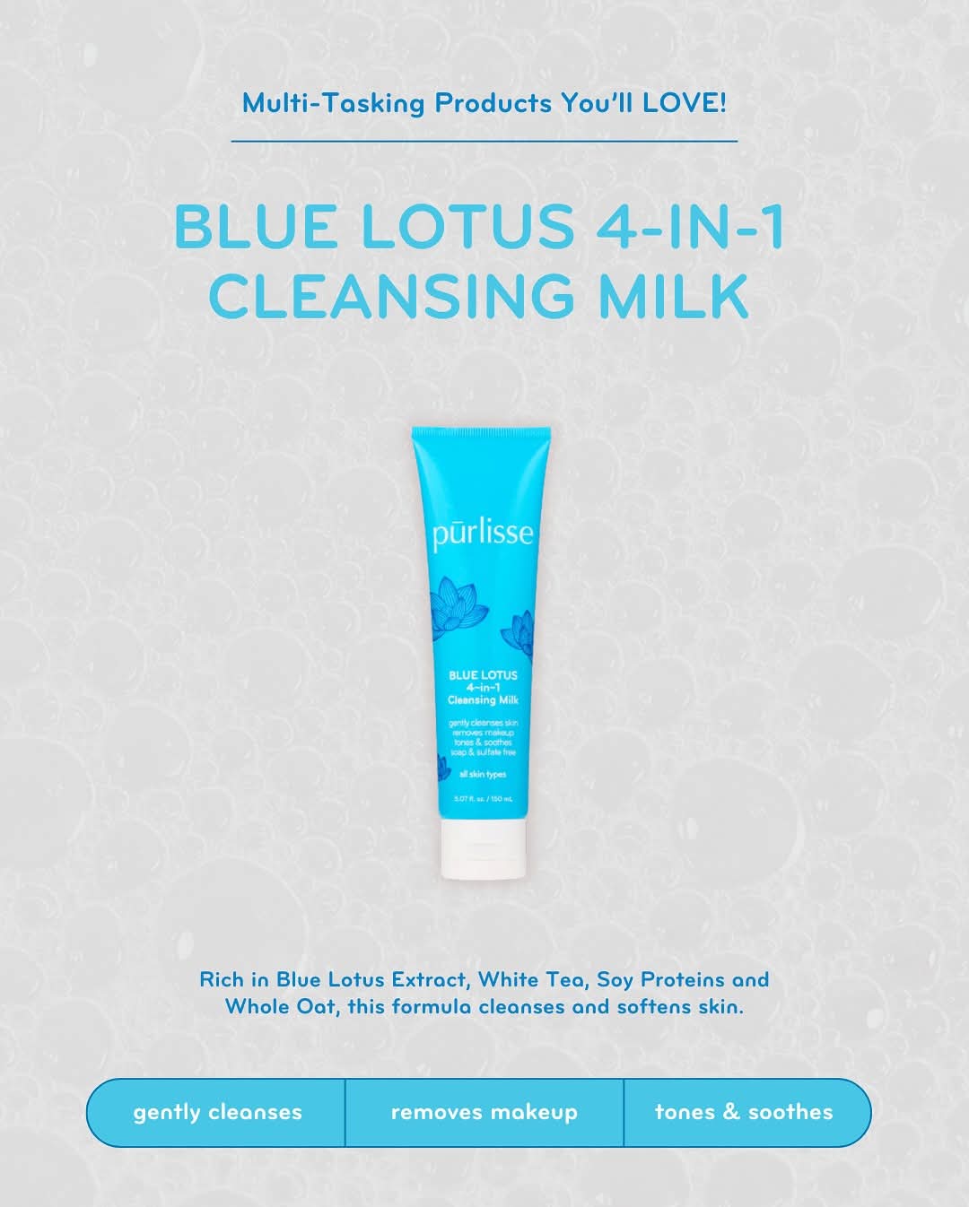 Purlisse Blue Lotus 4 in 1 Cleansing Milk - Cleanses, soothes, and hydrates