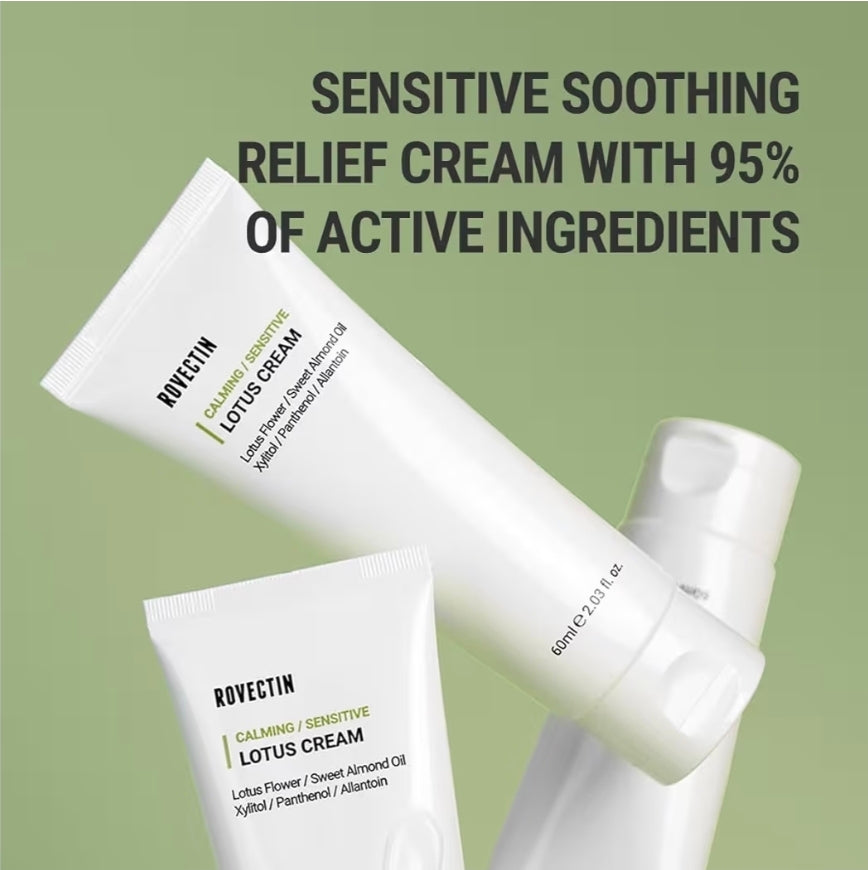 Crema Calmante de Loto ROVECTIN: Crema facial ligera, hidratante y calmante para piel sensible, con 75 % de extracto de agua de loto y niacinamida para combatir el envejecimiento.