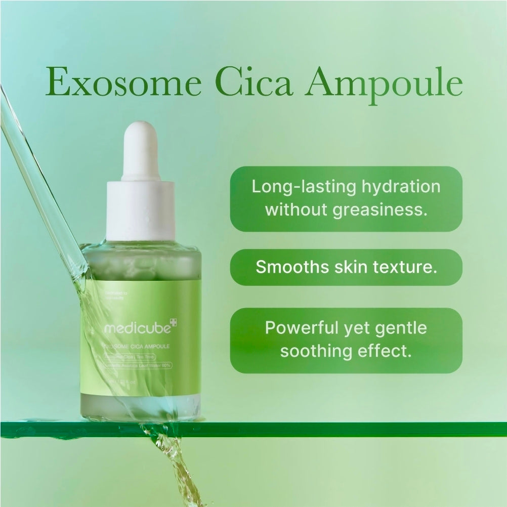 Medicube-Exosome Cica Serum - Enriquecido con 12 tipos de ingredientes de Cica y 2% de niacinamida, ofrece un efecto calmante para la piel irritada e ilumina la piel oscura.