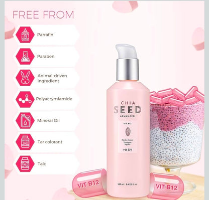 Tónico hidro de semillas de chía de The Face Shop: loción hidratante suave para piel seca, humectación y confort, formulada con semillas de chía y vitamina B12 para un cuidado intenso, renovado e hidratante.