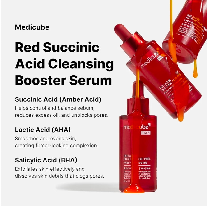 Peeling de ácido succínico rojo medicube: peeling de 1 minuto que reduce las imperfecciones, la textura desigual de la piel y la pigmentación posterior al acné, a la vez que calma y fortalece.