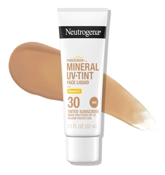 Neutrogena Purescreen+ Tinted Sunscreen for Face with SPF 30 - Broad Spectrum Mineral Sunscreen with Zinc Oxide and Vitamin E, Water Resistant, Fragrance Free, Medium